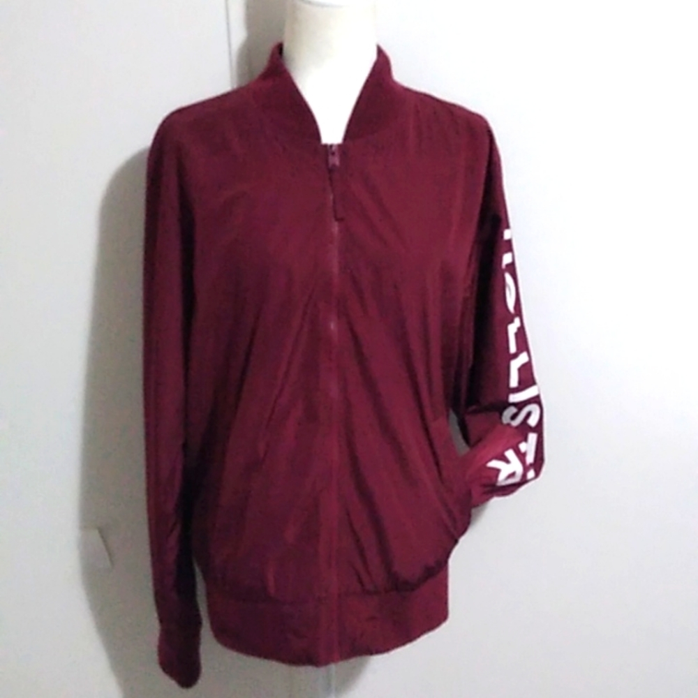 Hollister Bomber Varsity Jacket Burgundy Spell Out Full Zip Size Large